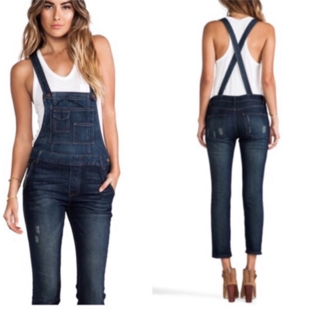 Free People Skinny Overalls Distressed Medium Dark Wash Size 28